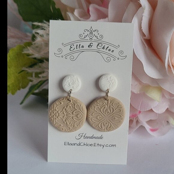 Beautiful Handmade Clay Taupe Colourblock Round Circle Drop Statement Earrings - Picture 2 of 2